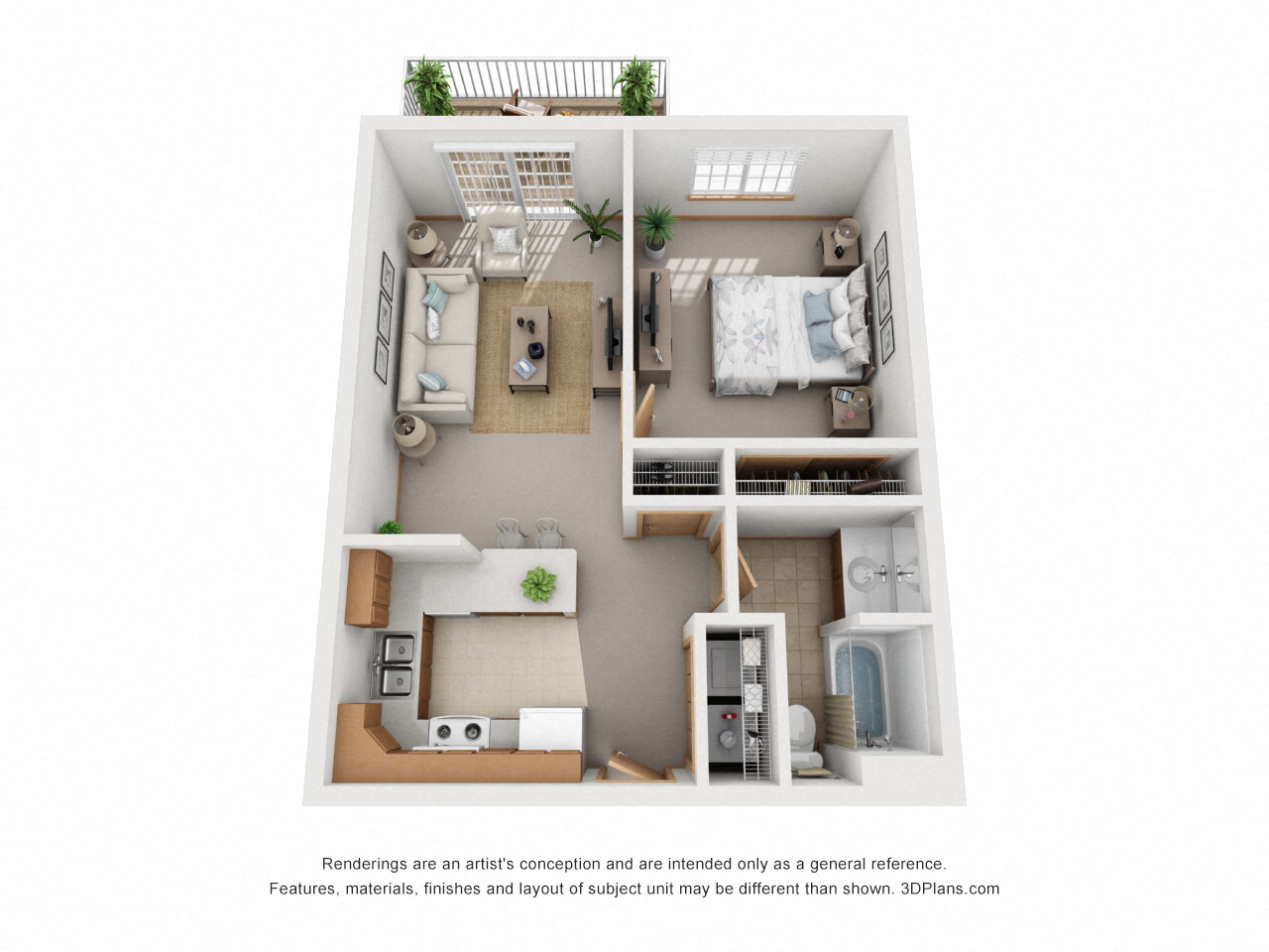 Floor plan for 1 bed, 1 bath, 692 sqft